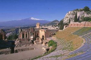 etna taormina volcano sicily particular erupting theatre sunset ancient italy tour